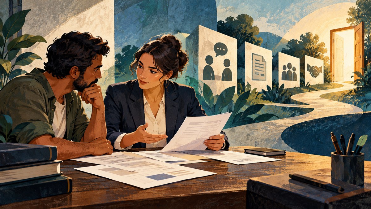 Uma profissional explica documentos a um cidadão; símbolos de conversa, acordo e pessoas acompanham um caminho aberto.