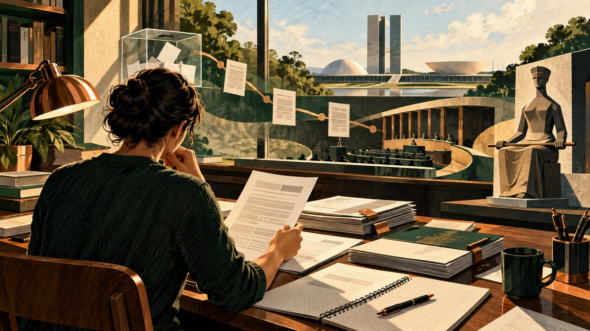 Uma pessoa examina documentos ligados por fios entre urna, Congresso e Justiça numa ilustração de acompanhamento legislativo.