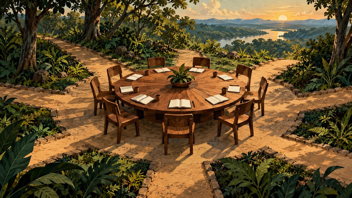 Mesa de reunião vazia com livros e cadernos numa clareira; caminhos ao redor seguem em direções diferentes.