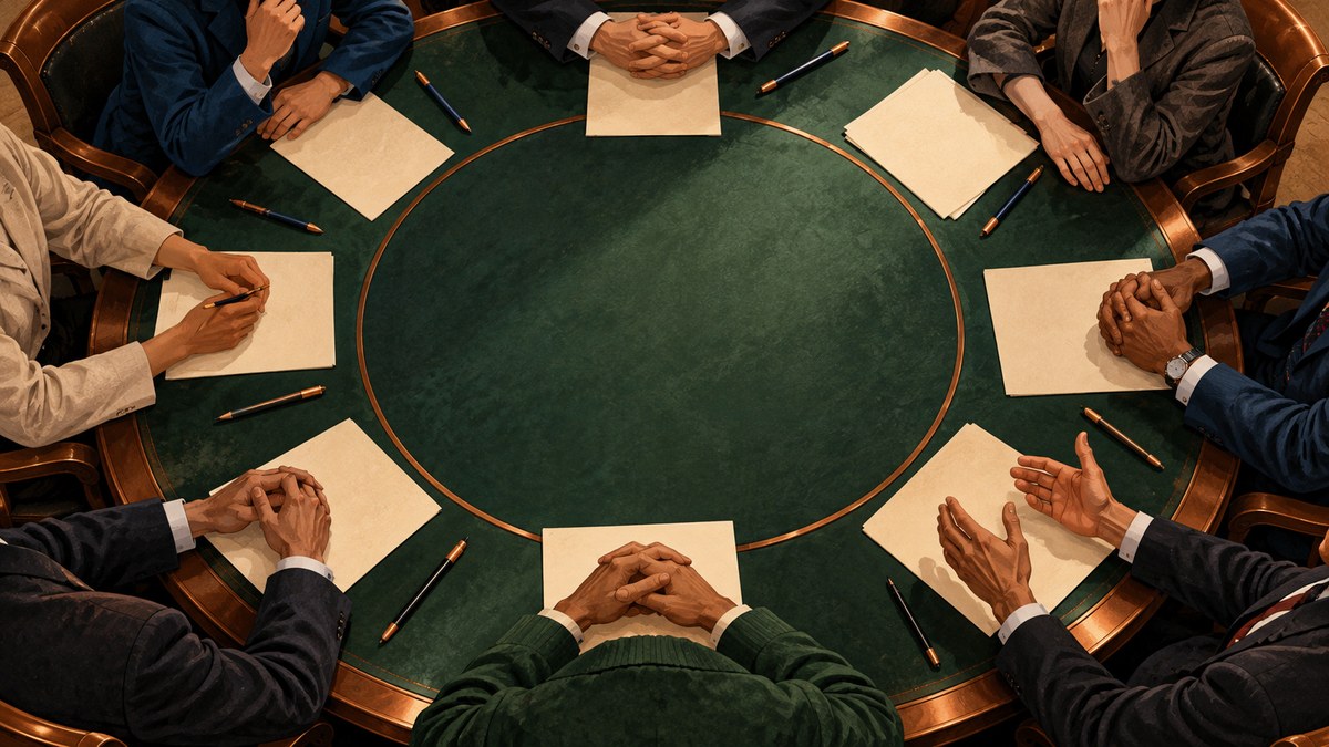 Participantes em torno de uma mesa de reunião: alguns gesticulam, outros mantêm os braços cruzados diante das folhas.