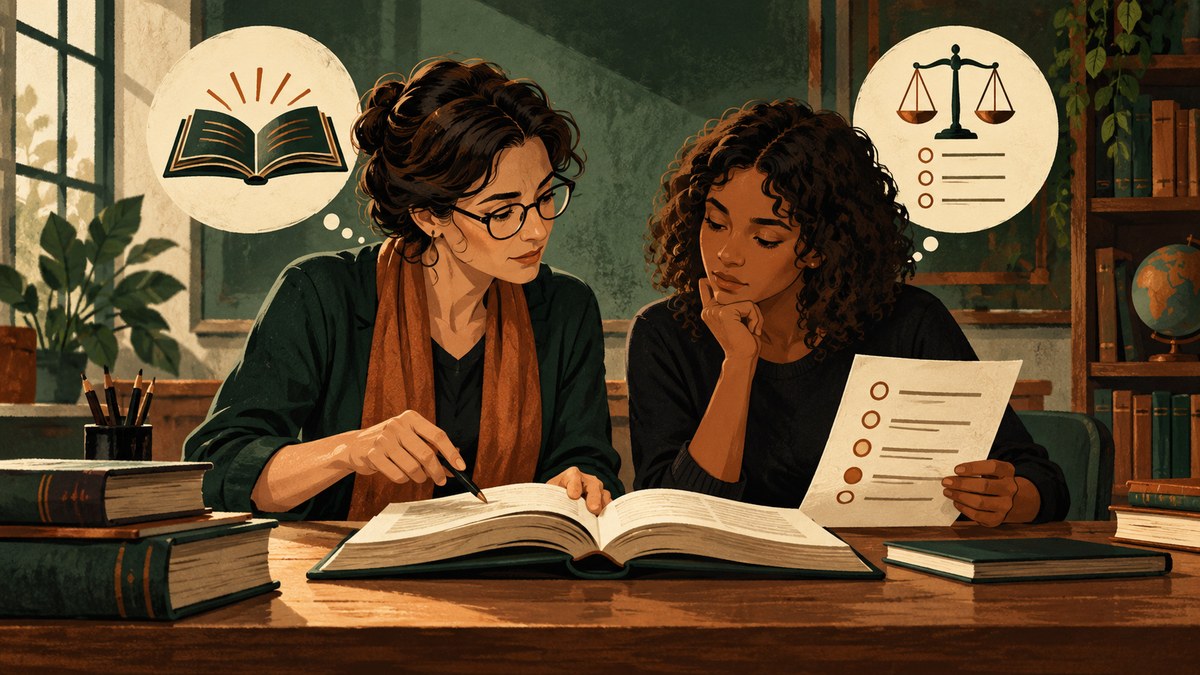 Duas mulheres examinam um livro aberto e uma lista de avaliação, sob símbolos de leitura e julgamento.