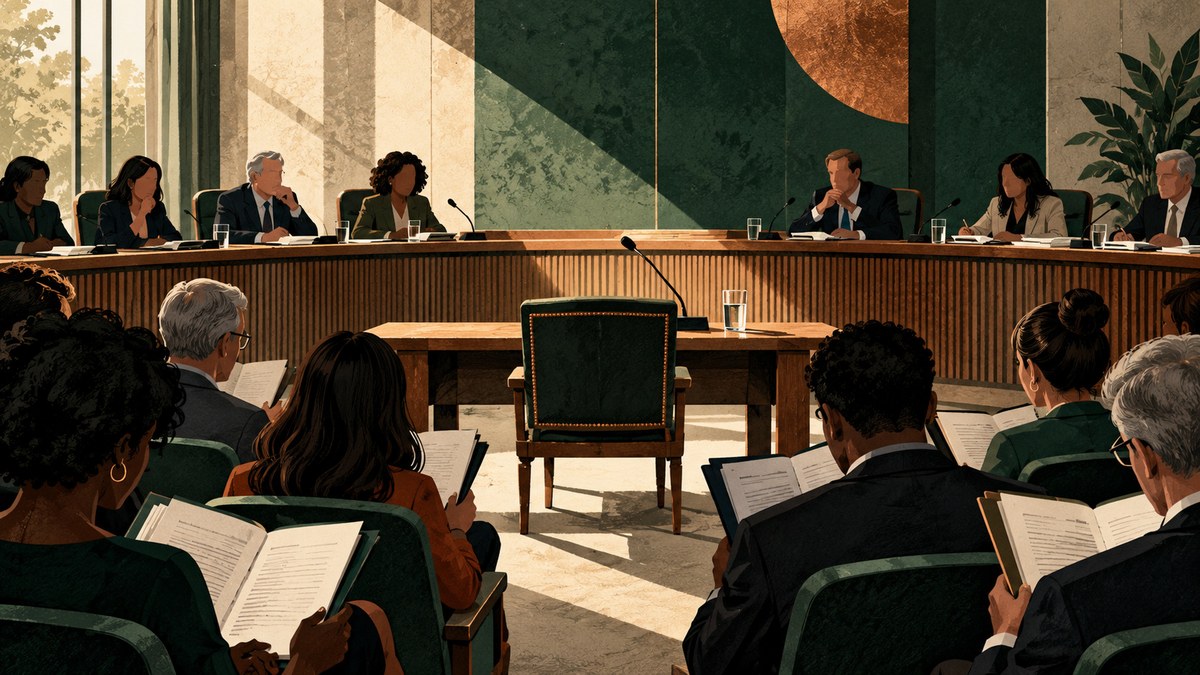 Cadeira vazia diante de uma mesa de sabatina; integrantes e observadores examinam documentos.
