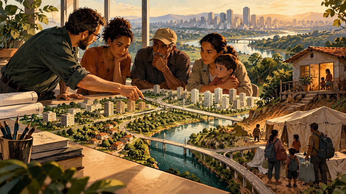 Um grupo analisa uma maquete urbana; na mesma ilustração, moradores deixam casas próximas a uma obra.