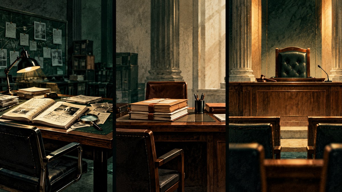 Três ambientes separados por divisórias: mesa de investigação, documentos e bancada de julgamento, sem pessoas.