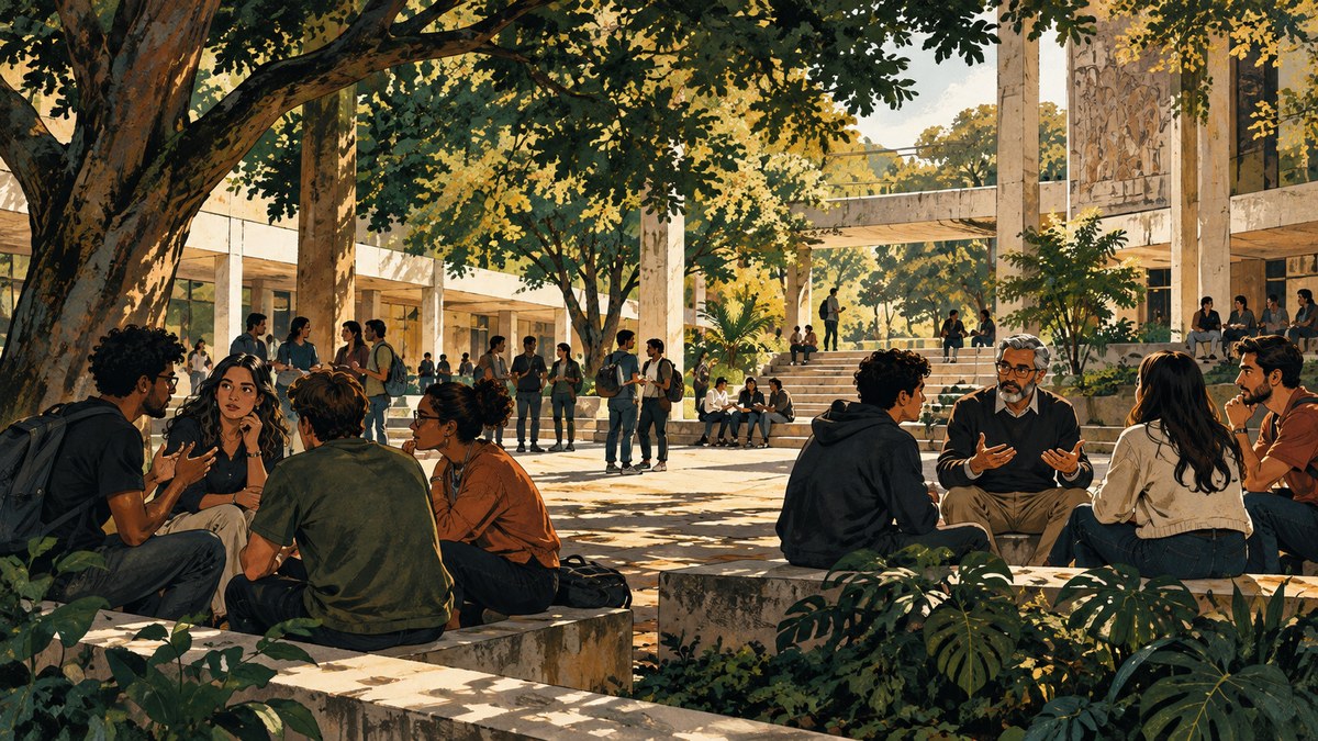 Ilustração de estudantes e professores conversando em pequenos grupos num pátio universitário arborizado.