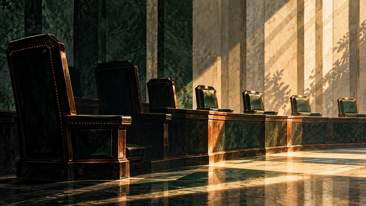 Cadeiras de um tribunal alternam sombra e luz, em uma ilustração sobre prazo e renovação de mandatos.