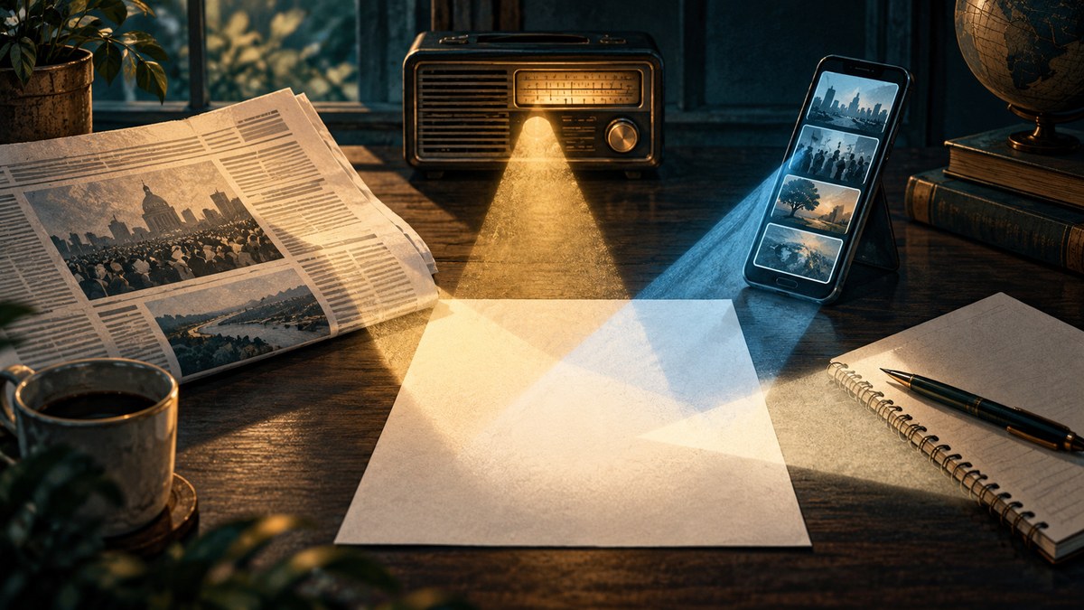 Jornal, rádio e celular lançam feixes de luz sobre uma folha em branco, ilustrando a seleção de assuntos.