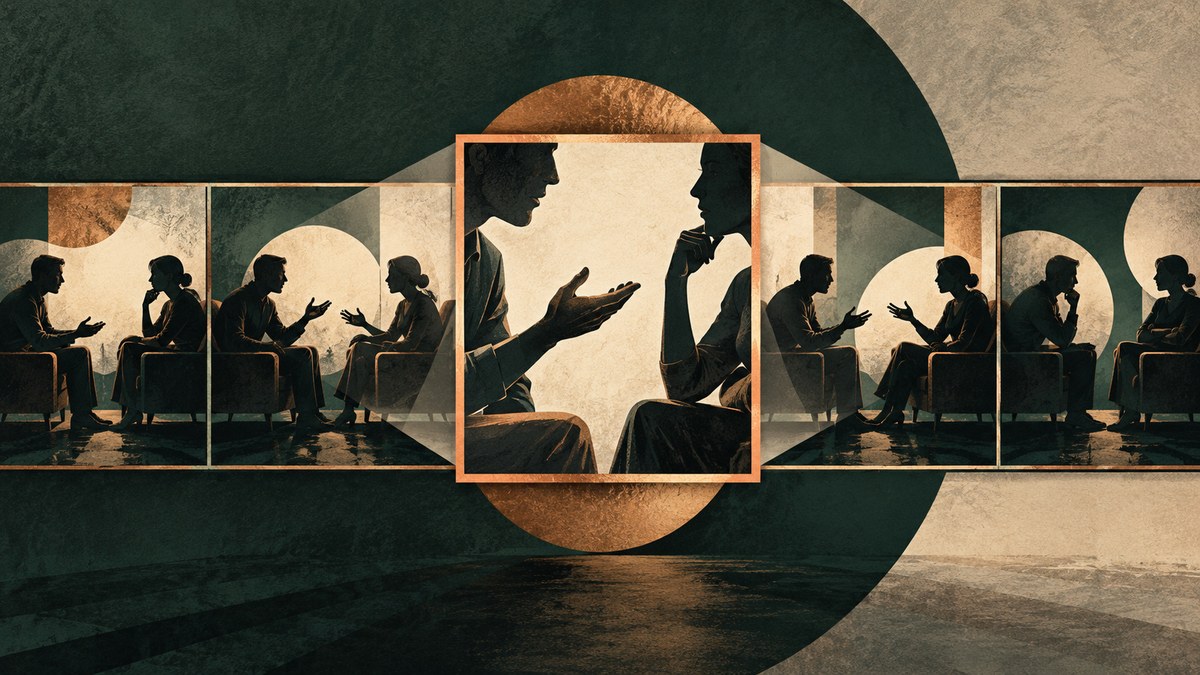 Uma moldura destaca apenas um trecho de uma sequência ilustrada de conversas entre duas pessoas.
