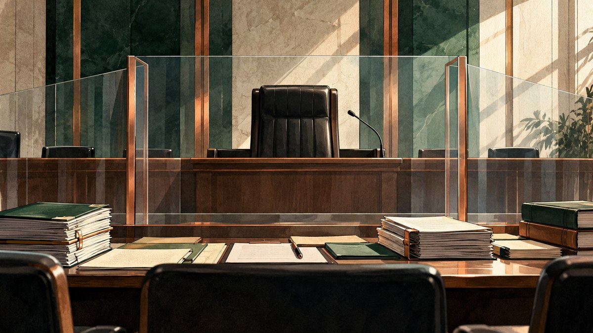 Bancada de julgamento protegida por divisórias de vidro transparente, vista de uma mesa com documentos.