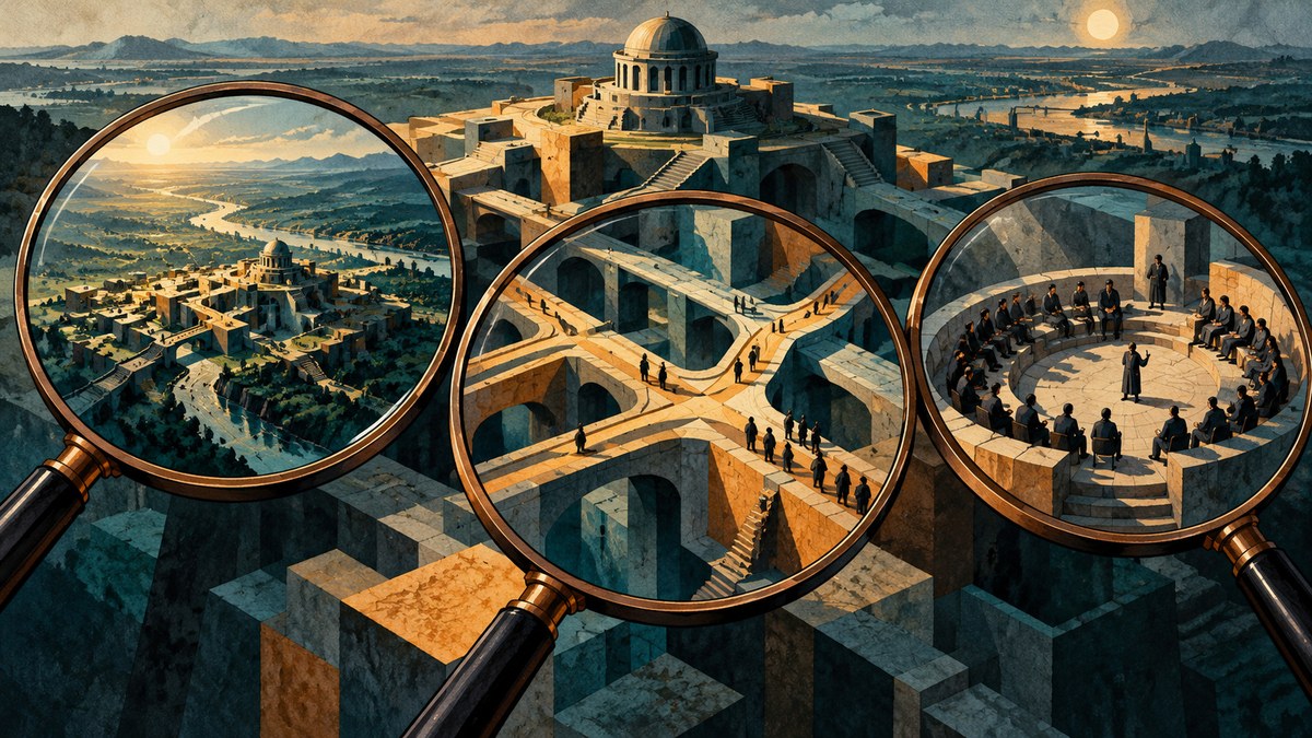 Três lupas mostram partes distintas de uma cidade imaginária: paisagem urbana, passagens e assembleia.