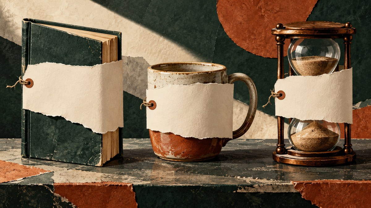 Livro, caneca e ampulheta, objetos diferentes, aparecem cobertos por etiquetas de papel sem texto.