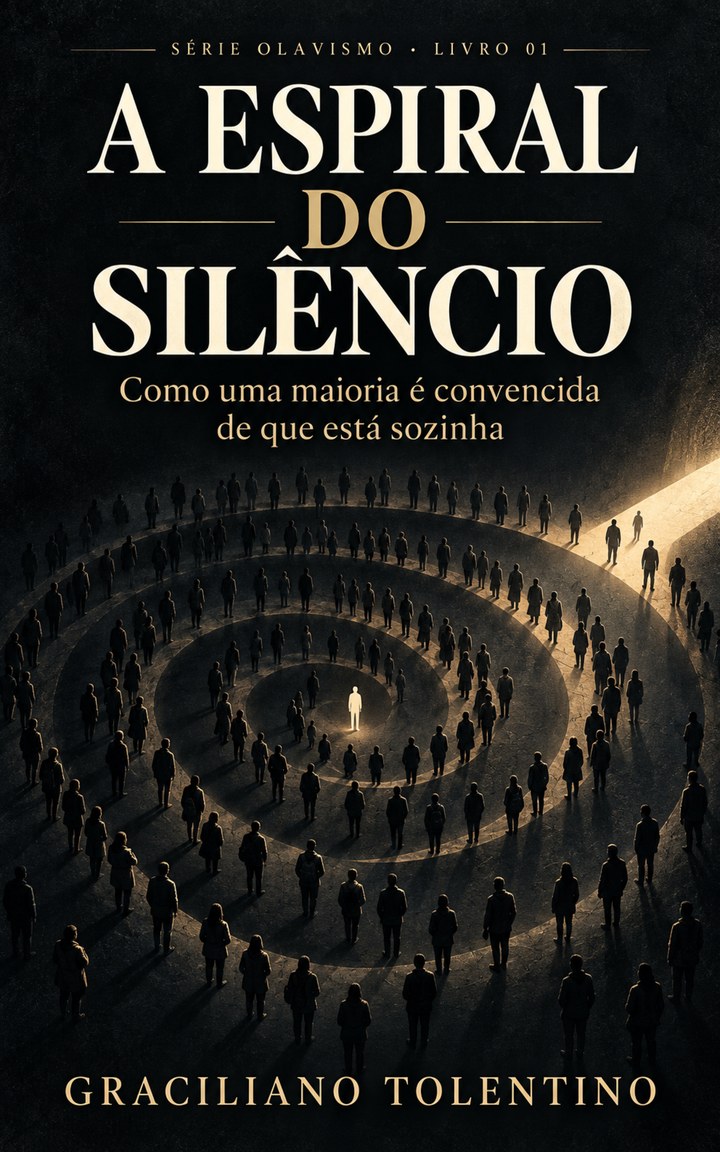 Capa de A Espiral do Silêncio, de Graciliano Tolentino, volume 1 da Série Olavismo, com pessoas em círculos concêntricos.